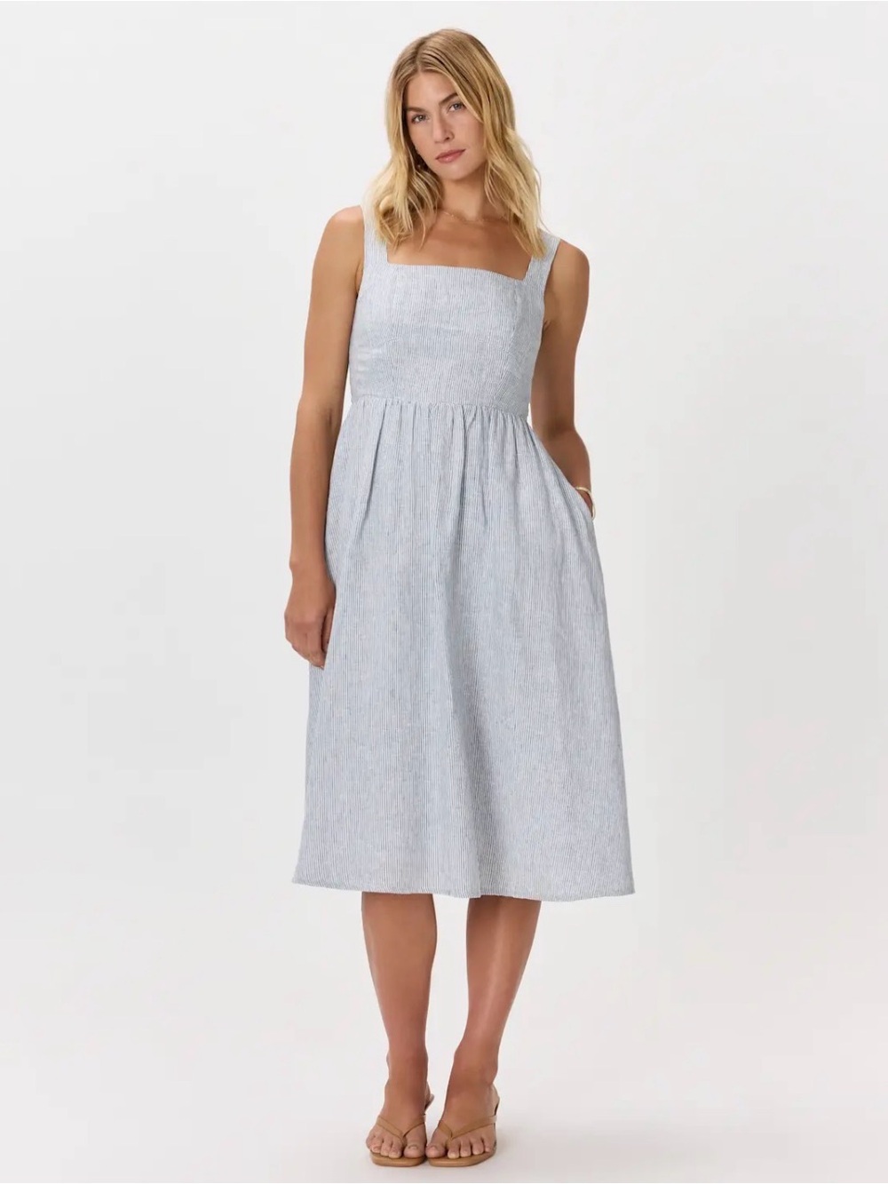 Quince Light Blue Striped Midi Dress